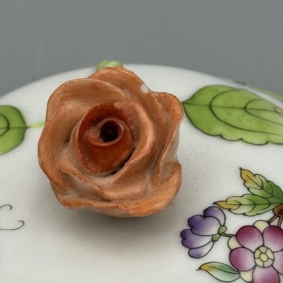 Vtg Herend Queen Victoria Porcelain Rd Box & Lid Trinket Dish with Rose Finial - Picture 5 of 14